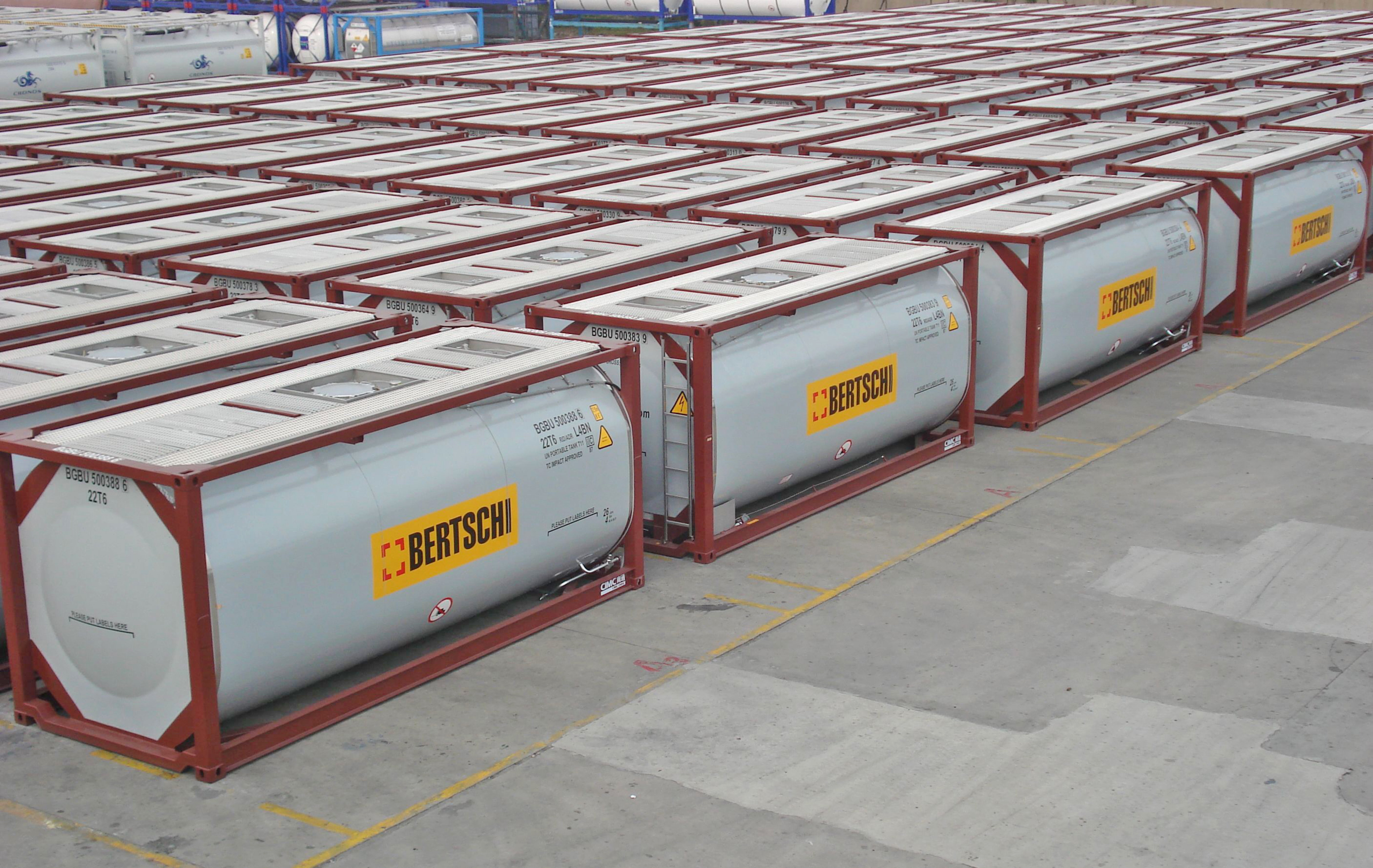 Brand new Bertschi isotank containers lined up on the terminal