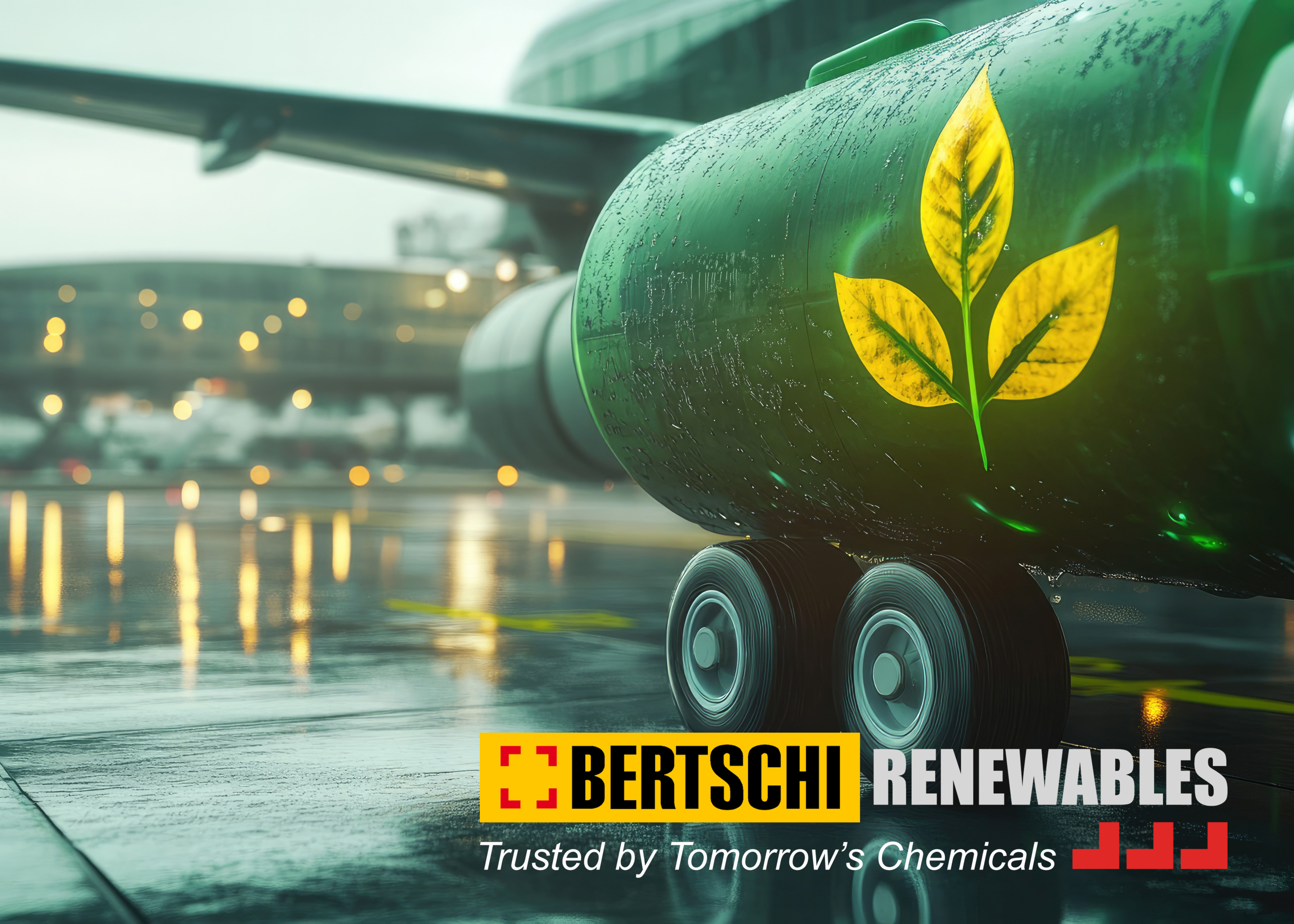 Airport with a green tank next to a plane with a leaf on it