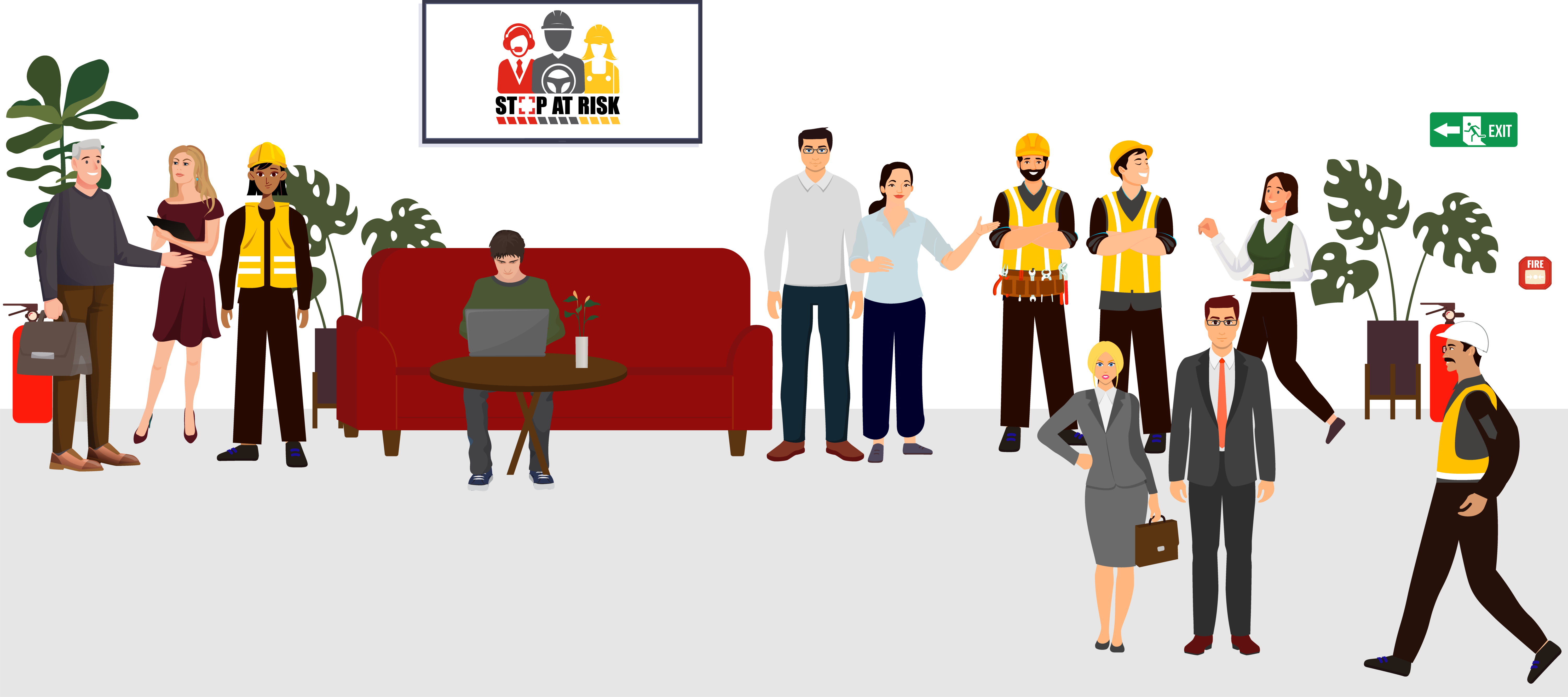 Graphic Illustration of Bertschi Employees from office workers to blue-collar professionals. There is a Stop at Risk logo on the tv screen on the wall.
