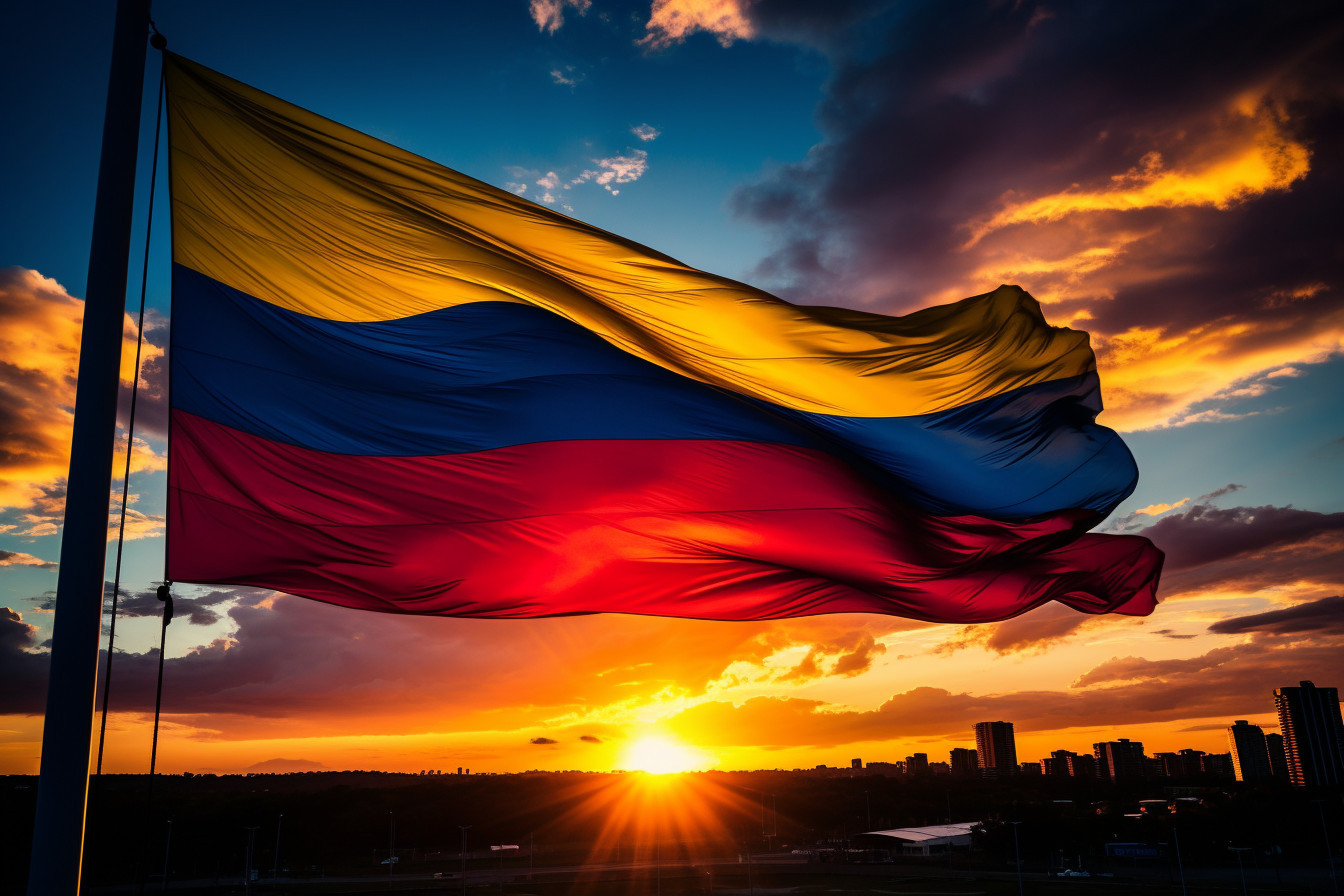 Colombia Flag against sunset backdrop