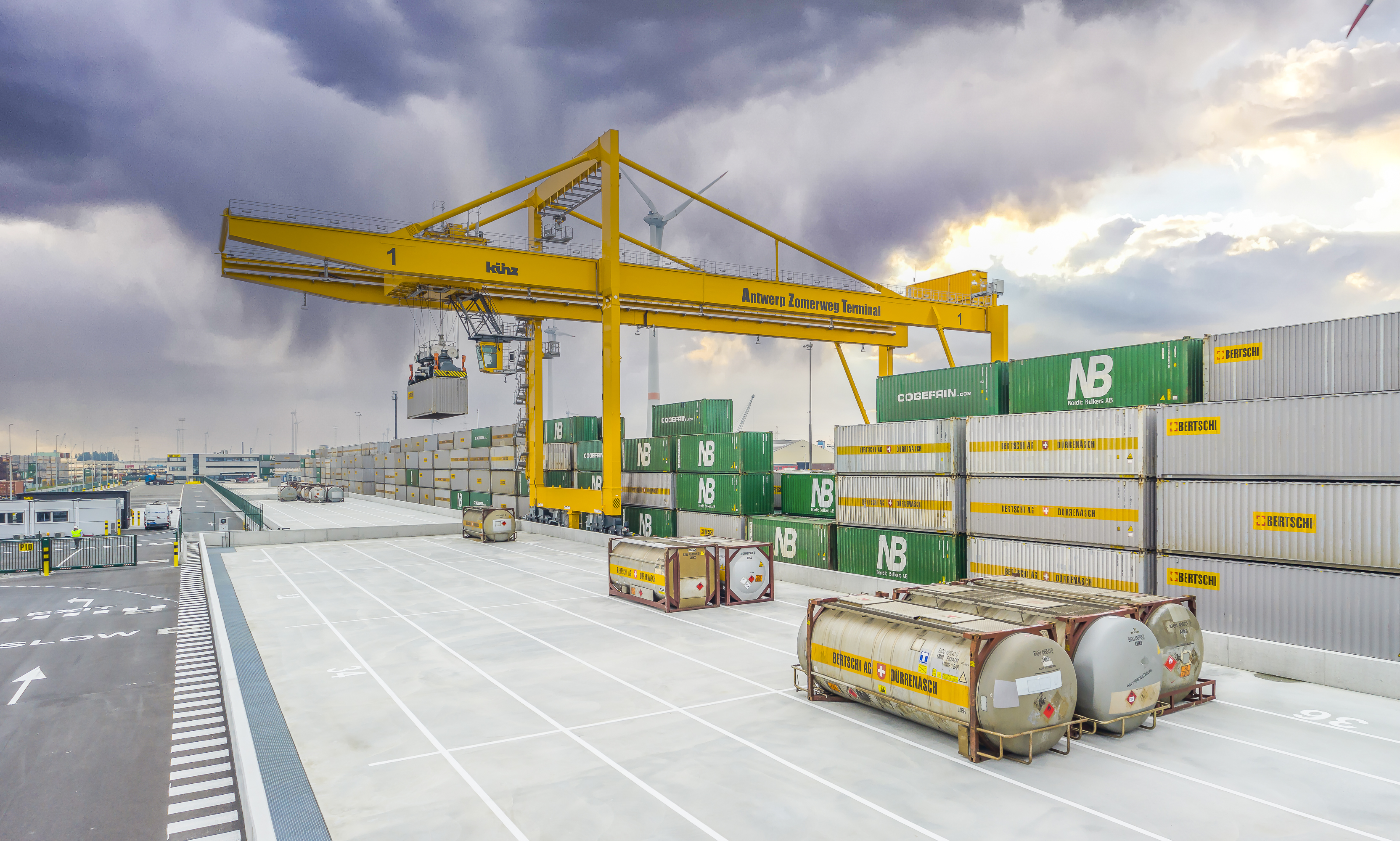 View of the Antwerp Zomerweg Terminal Gantry Crane and Container piles