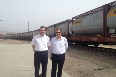 William Leigh-Pemberton (Left) with Alberto Grisone (Right) of Hupac at Korla station 