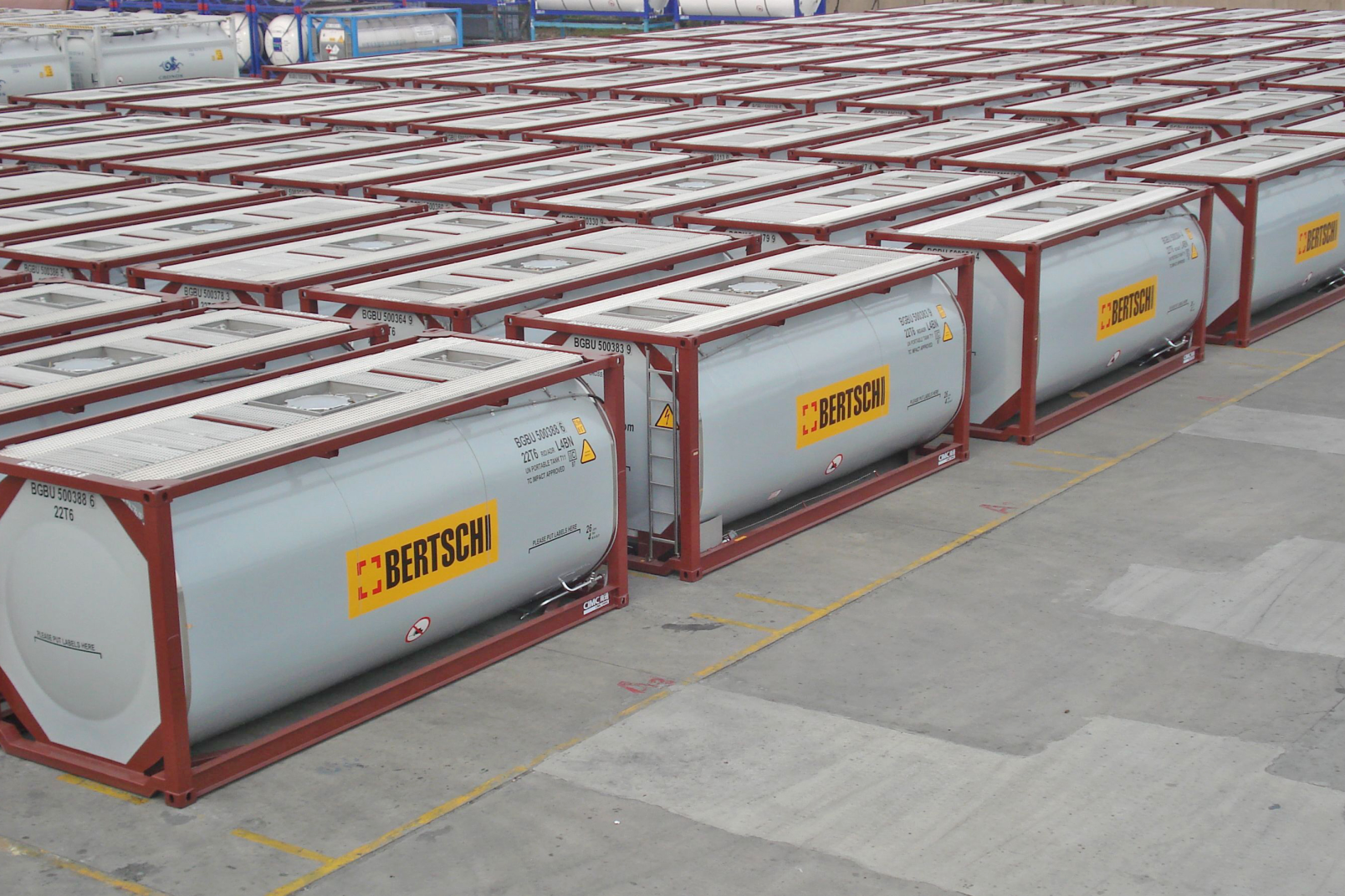 Brand new Bertschi isotank containers lined up on the terminal