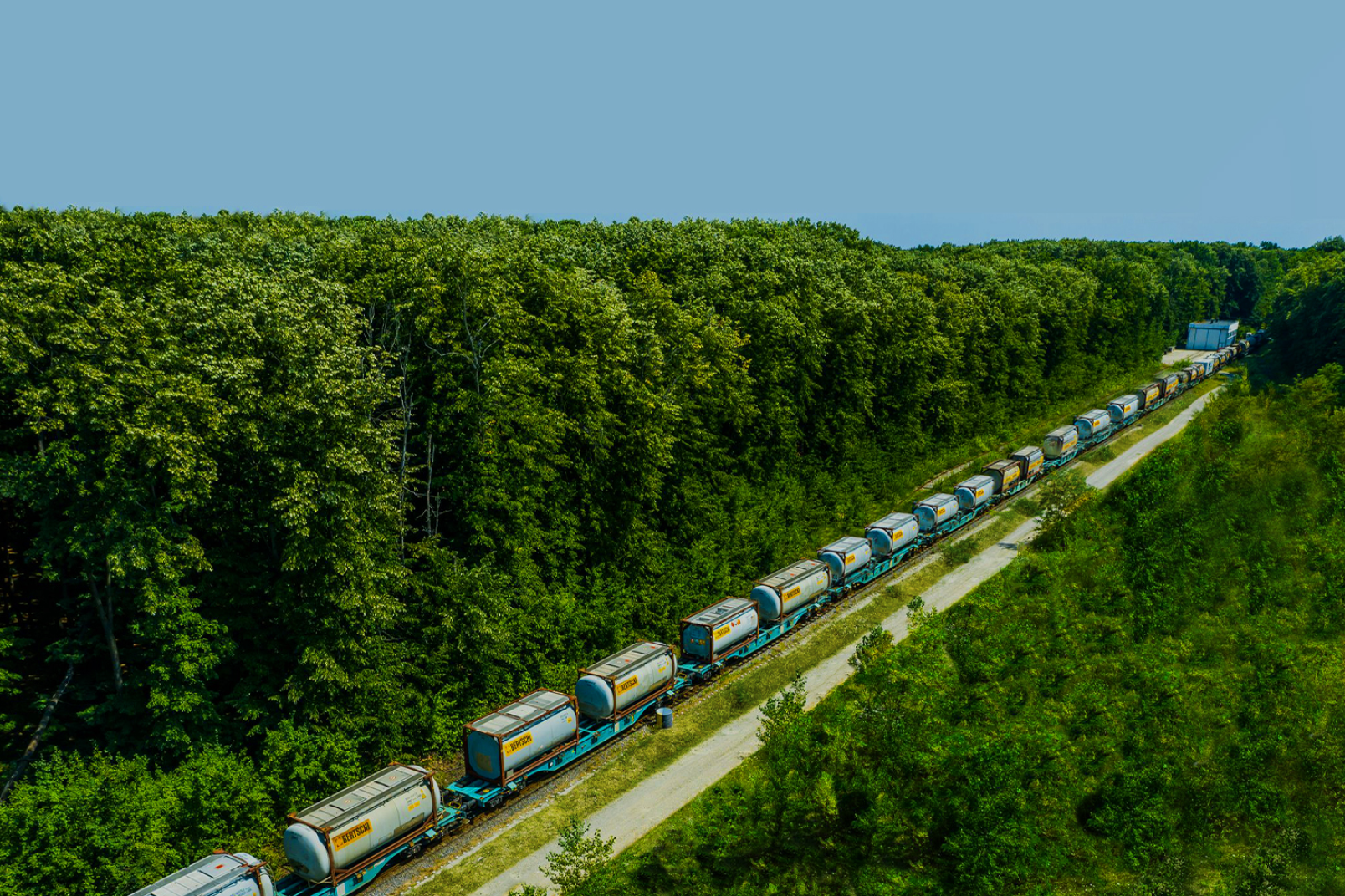 Cargo train filled with Bertschi containers passing through a green forest area