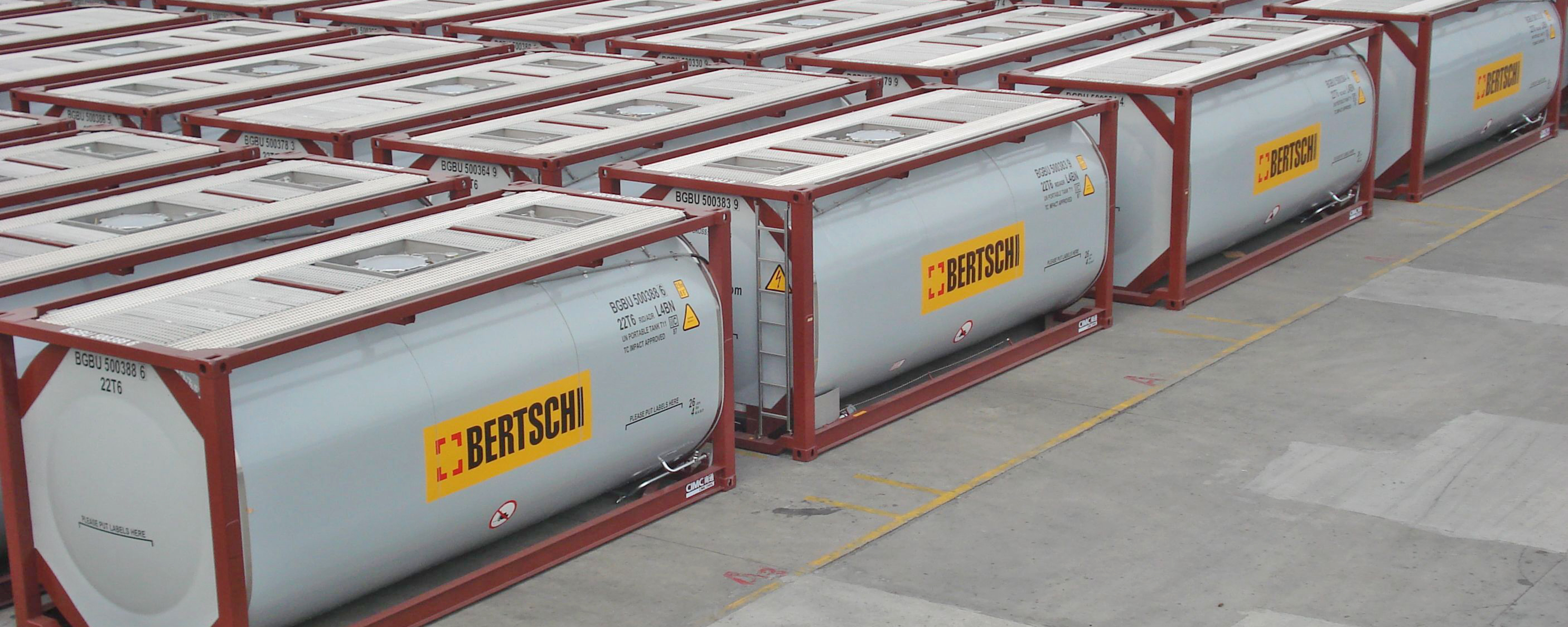 Brand new Bertschi isotank containers lined up on the terminal