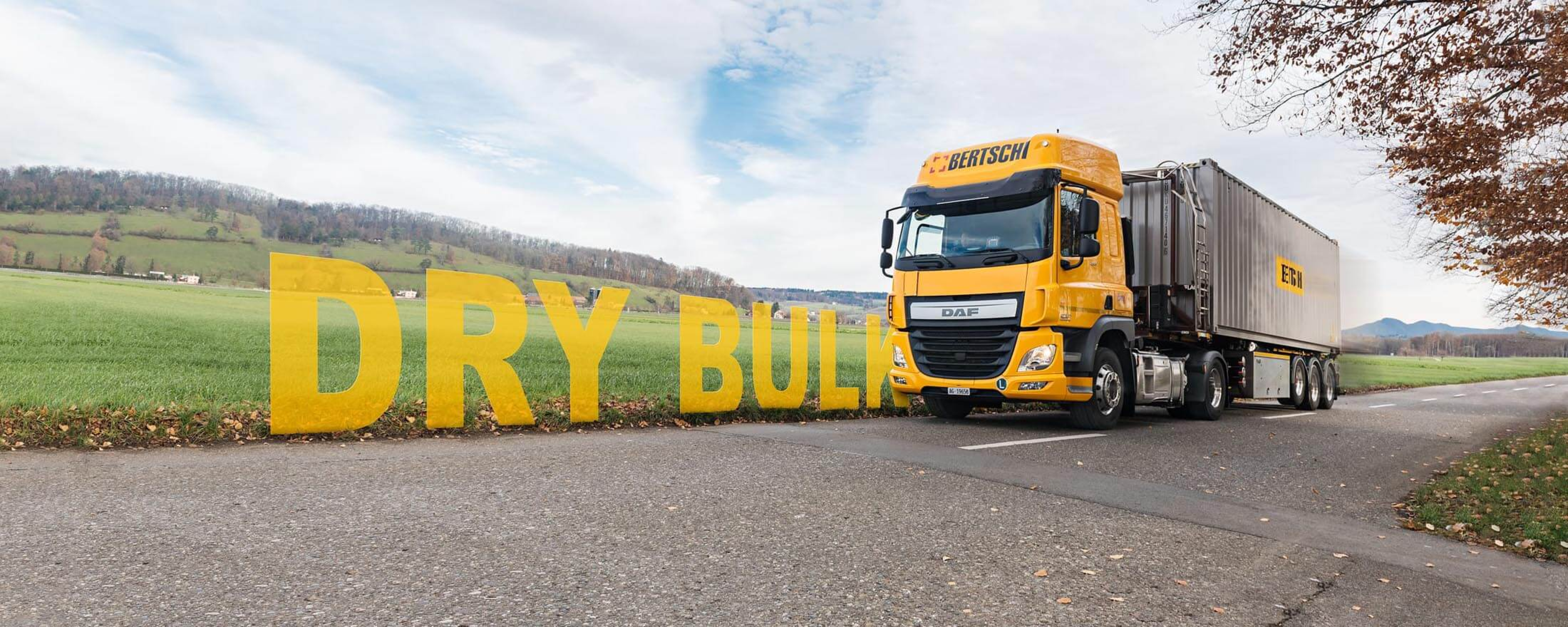 A Bertschi truck carrying a Dry Bulk container