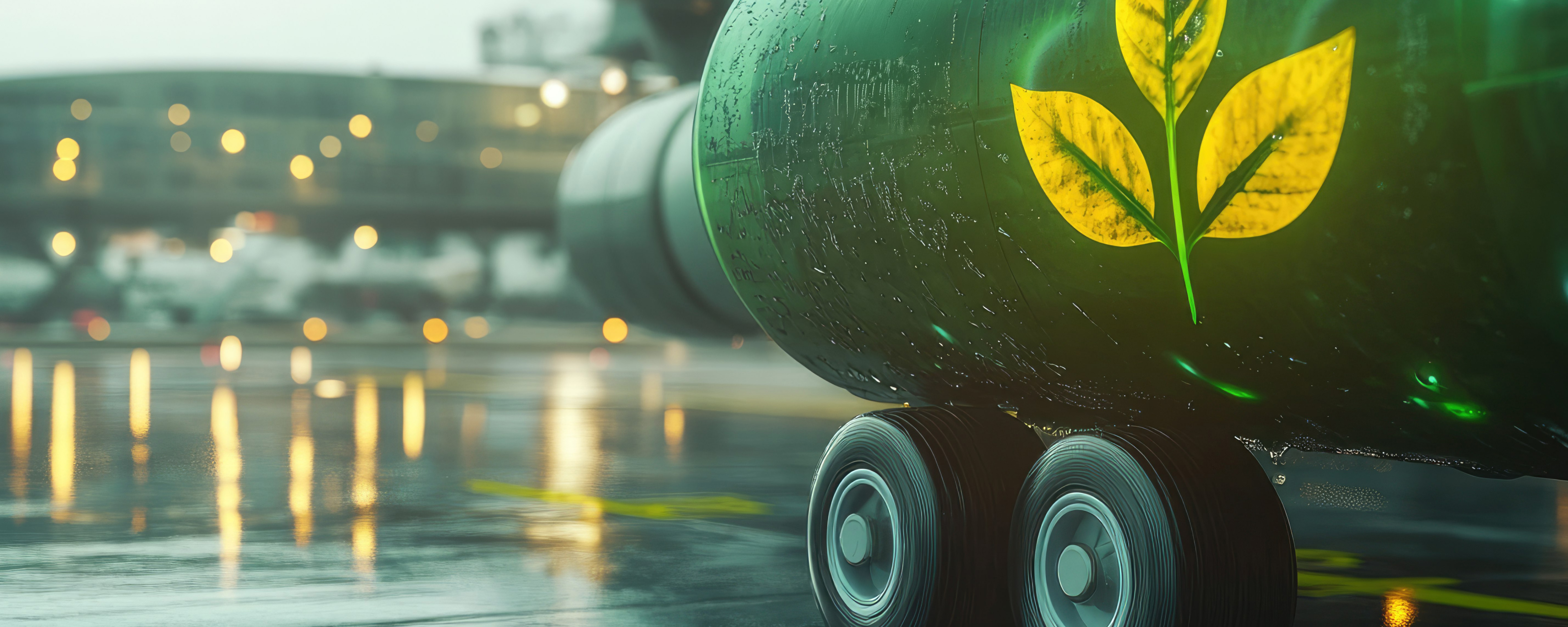 Airport with a green tank next to a plane with a leaf on it
