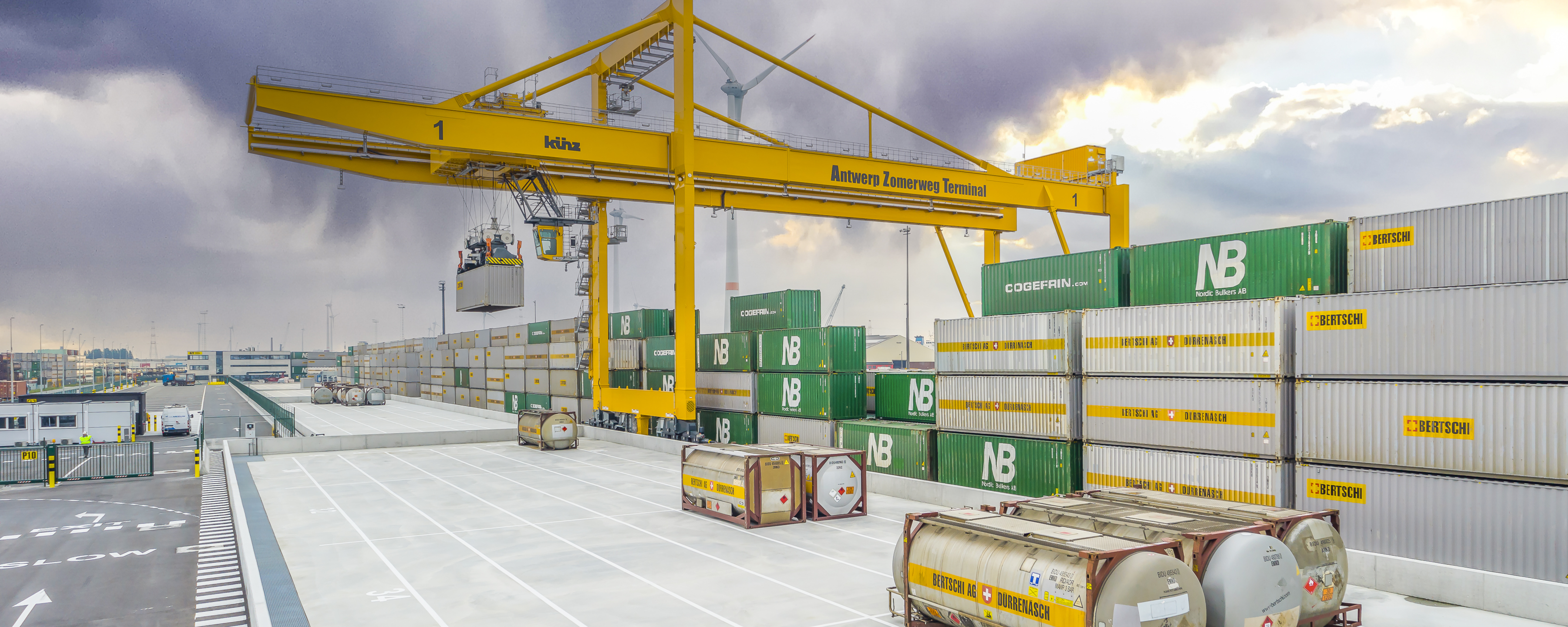 View of the Antwerp Zomerweg Terminal Gantry Crane and Container piles